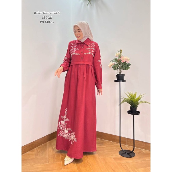 Zaja - Baju Gamis Perempuan Dewasa Polos Dress Muslim Linen Cringkle Bordir Cantik &amp; Anggun Fashion Muslim Perempuan Terbaru Pakaian Muslim Cewek Mewah