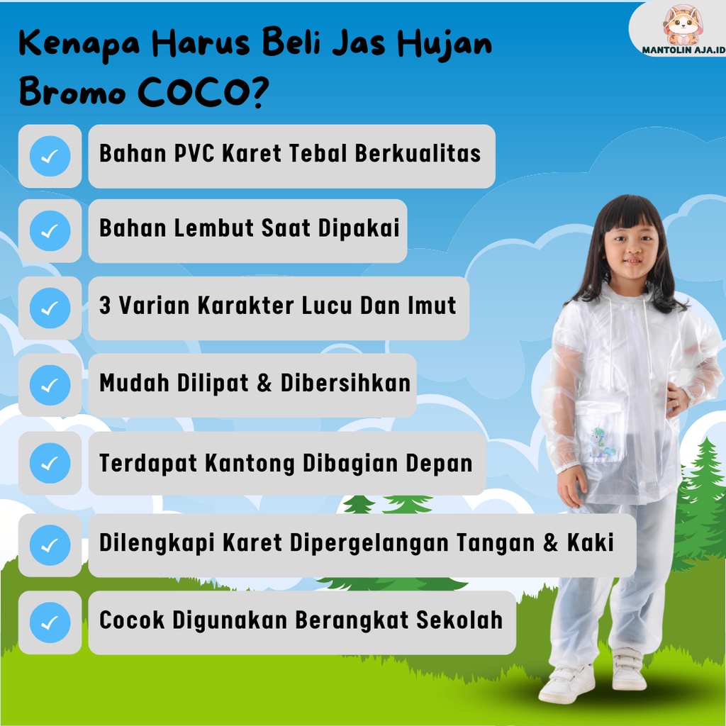 Jas Hujan Anak Setelan Umur 3 sampai 8 Tahun Bening Mantel Bromo COCO Karakter Anak Mantel Hujan Anak SD 5 sampai 10 Tahun Jas Hujan Karakter Jas Hujan Tebal Bening