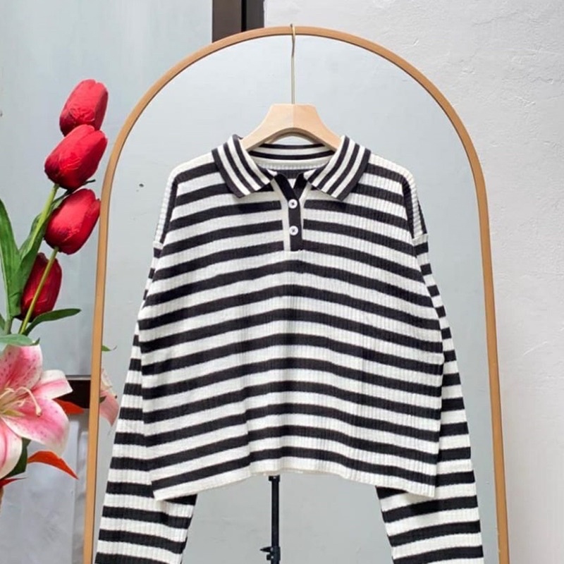 SWEATER RAJUT KERAH MOTIF GARIS SECER WANITA