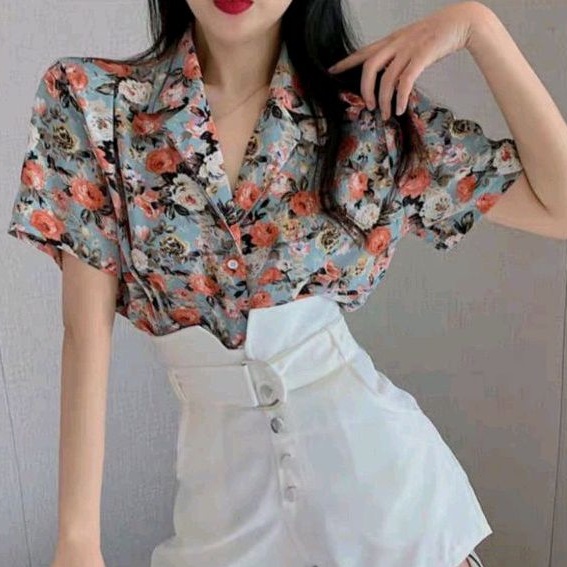 2171  Baju atasan kemeja NOTCHED COLLAR FLORAL SHIRT lengan pendek bunga flower Korea Korean style w