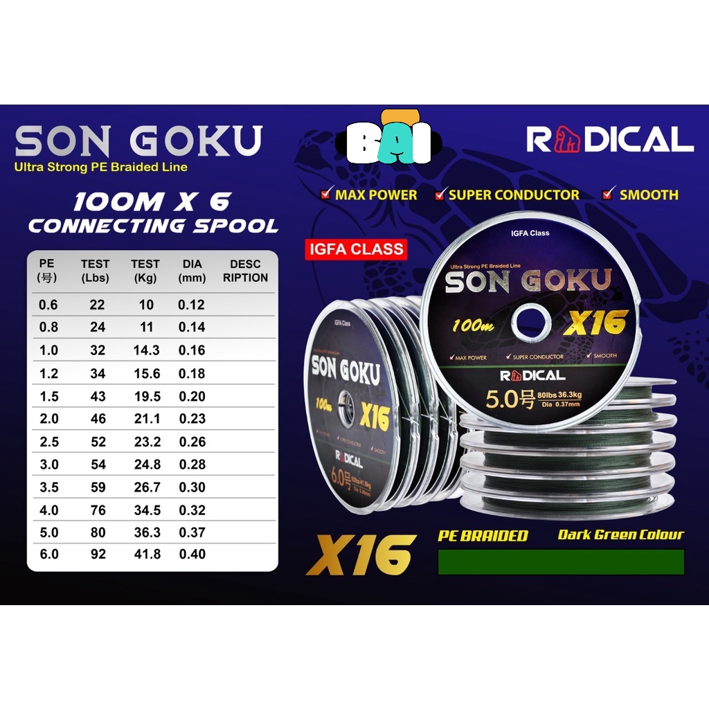 SENAR PANCING RADICAL SON GOKU X16 100M MOSS GREEN TYPE BRAID(PE)