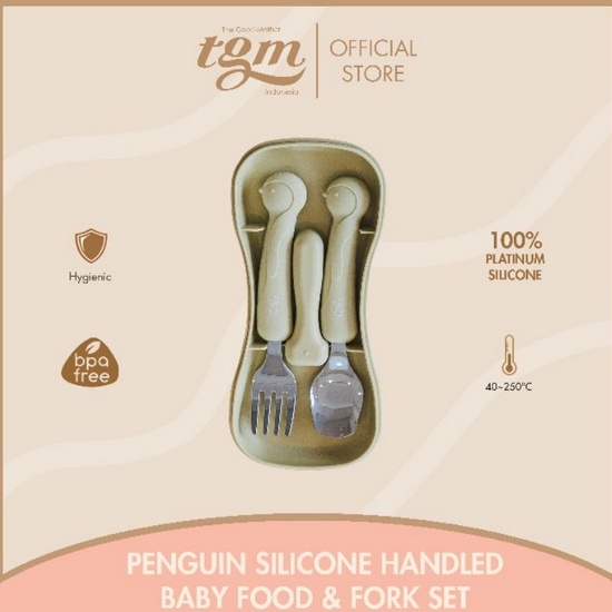 TGM Penguin Silicone Handled Baby Spoon And Fork Set With Case - Sendok Garpu Bahan Stainless Silicone Spoon Fork Todler