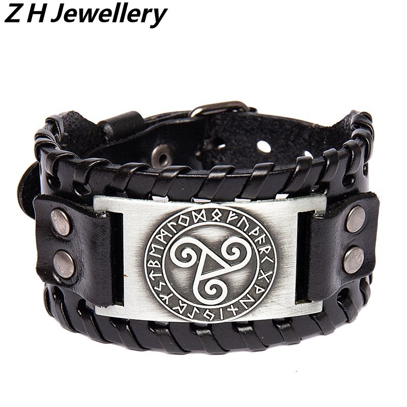 [Z H Perhiasan] Hip Hop Rock Retro Pria Fashion Stainless Steel Viking Solomon Rune Gelang Kulit Pesta Perhiasan Aksesoris