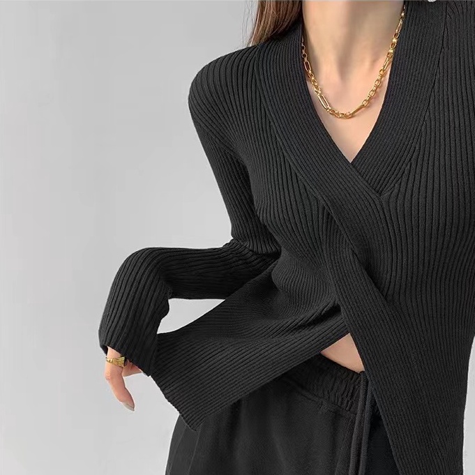 【Elegant】Casual Shirt Long Sleeve Knit V-Neck Atasan Wanita 7206