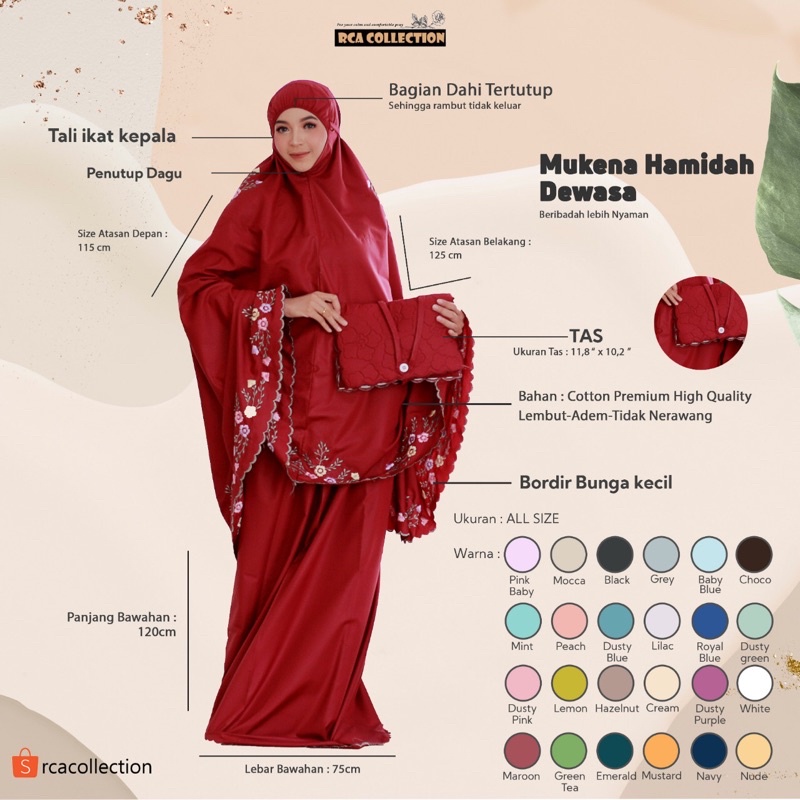 Mukena RCA Collection - HAMIDAH Mukena Mukenah Dewasa Katun Carini Premium Bordir Manual Bunga Adeni