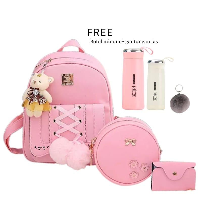(COD)Tas Ransel Bacpack Pompom Fashion Wanita Korea Ransel Siswa Sekolah Menengah Pertama Sekolah Dasar Dalam Ransel Jepang Free Botol Minum Tas Anak anak