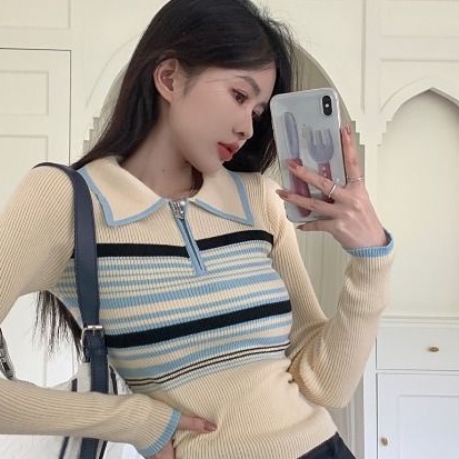 Kaos Wanita Rajut Premium Lengan Panjang Polo Neck Stripe Shirt