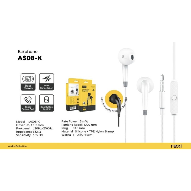 Rexi AS08-K Wired Earphone Noise Cancellation