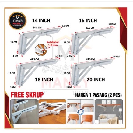 Bracket / Siku Sokong / Siku / Siku Rak Lipat 14&quot; 35cm / 16&quot; 40cm / 18&quot; 45cm / 20&quot; 50cm 1 set(2 pcs)