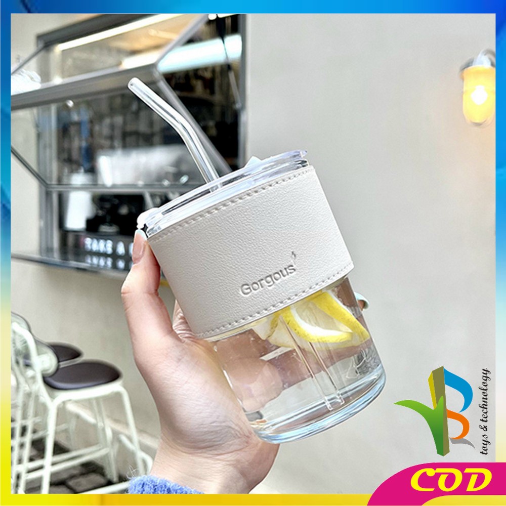 RB-C742 Tumbler Minum Aesthetic Gelas Minum Transparan 400ML dengan Sedotan / Bottle Cup Cangkir Kaca Anti Panas