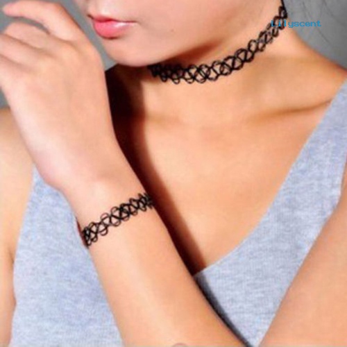 [LS] Wanita Fashion Stretch Tato Cincin Gelang Choker Kalung Set Perhiasan Hadiah