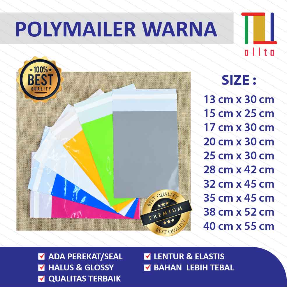 

InJO Polymailer kantong kemasan amplop plastik tebal 15X25 WARNA PREMIUM @100 PCS - GLOSSY mewah