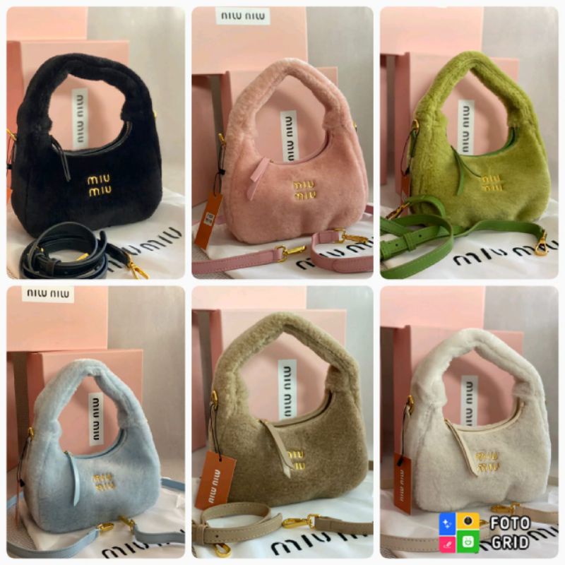 tas fashion miumiu Hobo wander fluffy bag, free box,  Miu Hobo bulu slingbag,