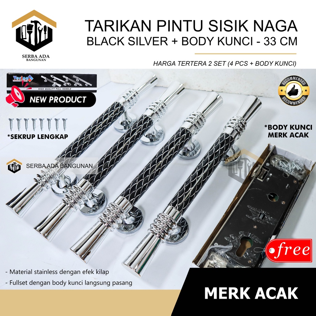 (PAKET PINTU TARIKAN SISIK NAGA) 1 set body kunci pintu + 4 pcs handle tarikan berkilau mewah elegan 35cm