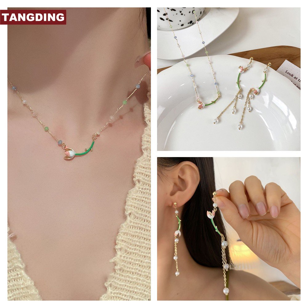 [COD Tangding]korea Merah Muda Tulip Liontin Kalung Anting Temperamen Wanita Kristal Choker Rantai Perhiasan