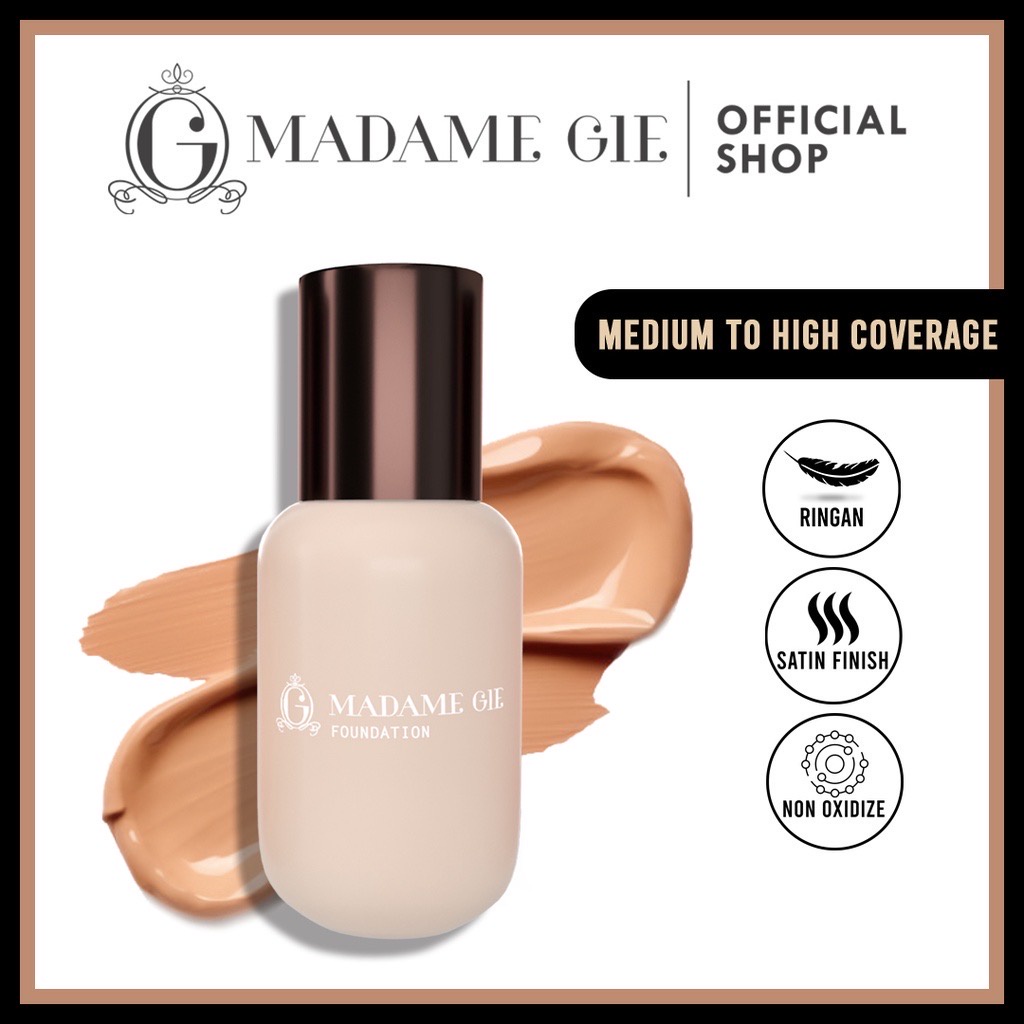 MADAME GIE Airy Coverstay Foundation Indonesia / High Coverage Longlasting 36g Oil Control Satin Smooth Non Cracky Stay Up To 12 H / Matte Light / Tahan Lama / Porcelain Light Medium Natural Tan Cover Stay Liquid Cosmetic Face Make Up Concealer Corrector