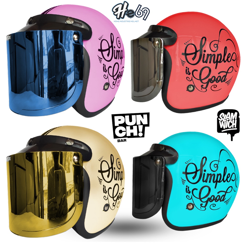 Helm Bogo Motif Simple Good / Helm Wanita Aesthetic / Kaca Datar Bogo Injak Silver-Pelangi-Blue-Gold