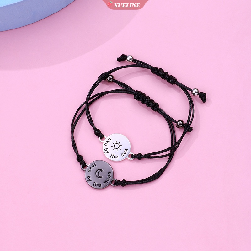 2pcs/set Gelang Pasangan Pesona Bulan Matahari Stainless Steel Untuk Wanita Dan Pria Fashion Perhiasan Gelang Tali Tenun Tangan Hadiah Kartu [ZXL]