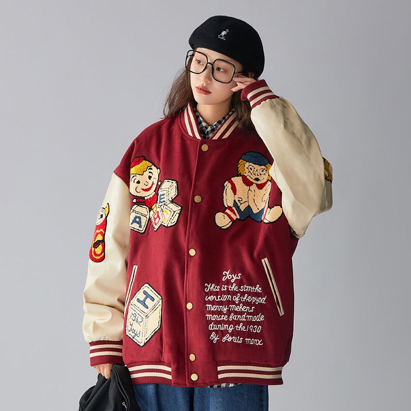 Merek American Street Menyenangkan Kartun Mantel Wanita Wol Berkelompok Vintage Jaket Pasangan Longg