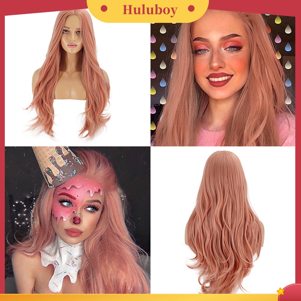 Wig Rambut Ekstensi Model Panjang Keriting Tahan Panas Warna Oranye Pink Untuk Wanita