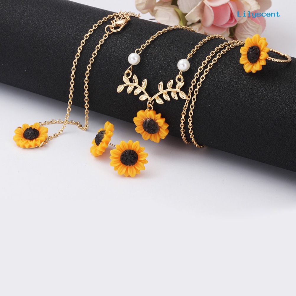 [LS] 5pcs/set Fashion Bunga Matahari Liontin Kalung Stud Anting Cincin Gelang Perhiasan