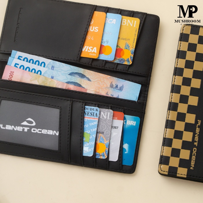 Dompet Lipat Panjang Kartu Pria Planet Ocean Hitam List Kotak-Kotak Original - PO14