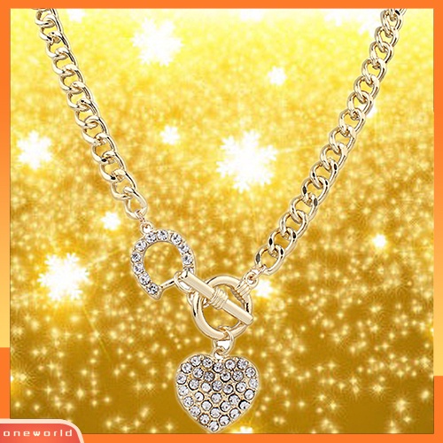 [WONE] Wanita Bertatahkan Berlian Imitasi Bentuk Hati Liontin Pendek Curb Rantai Kalung Perhiasan