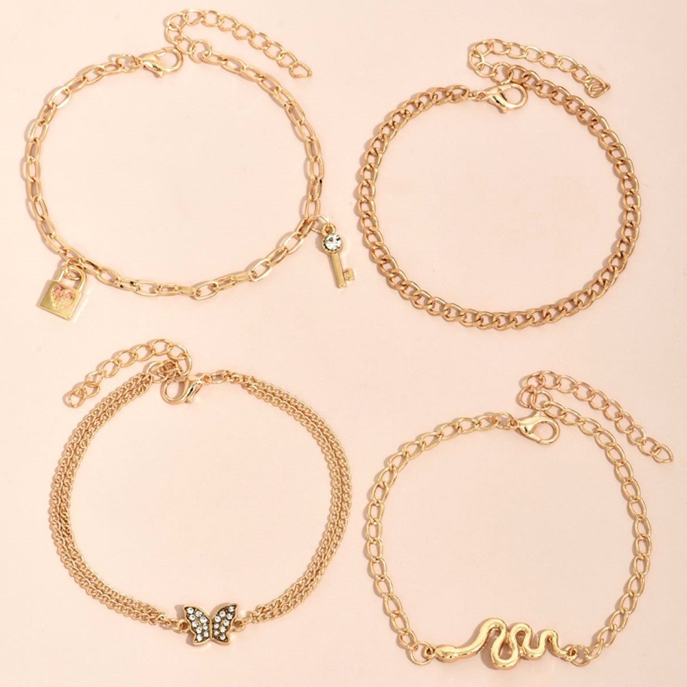 Bohemia Warna Emas Gelang Kaki Ular Set Gelang Kaki Untuk Wanita Kupu-Kupu Kunci Lock Charm Gelang Kaki Rantai Di Kaki Boho Perhiasan Hadiah