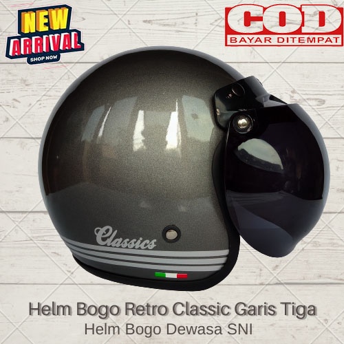 Helm Bogo Retro Dewasa Classic Garis Tiga SNI Helm Dewasa Pria Dan Wanita Kaca Cembung Kaca Datar COD