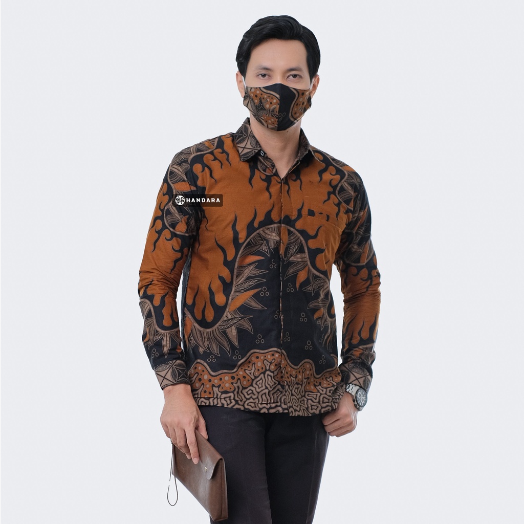 Baju Kemeja Batik Pria Lengan Panjang Slim Fit Premium Modern Full Furing Katun Halus Original Handara Motif Byrna Oren Coklat HB-289