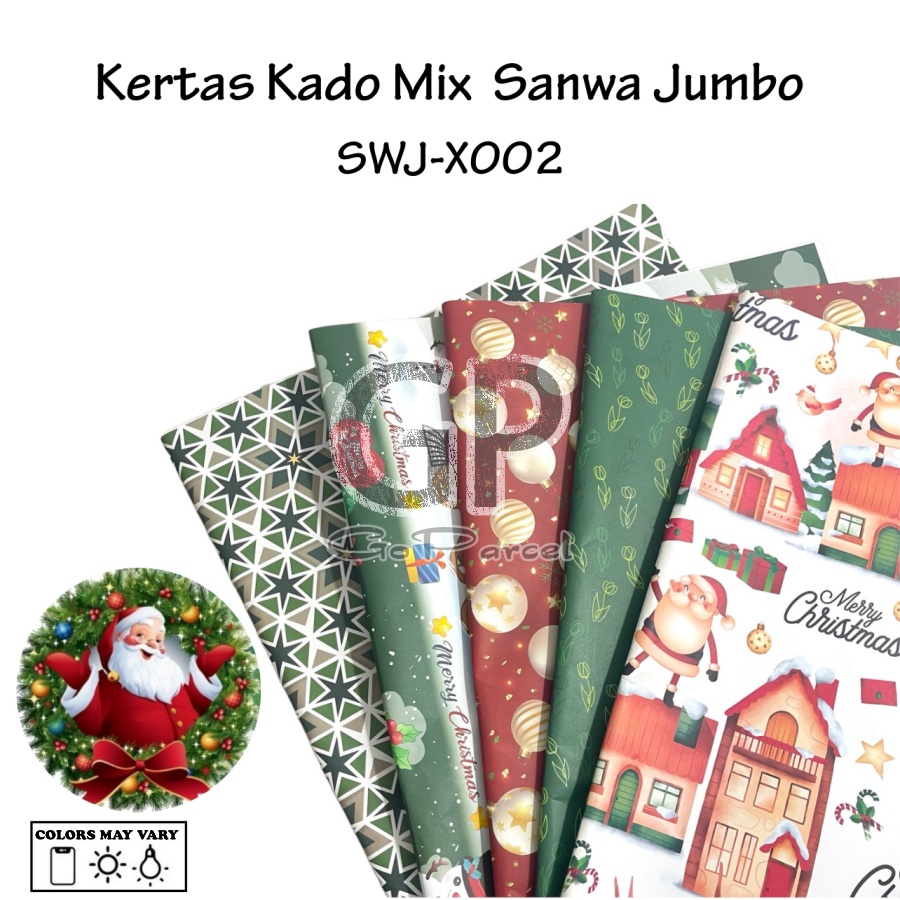 ( 5 Lembar 5 Motif ) JUMBO MIX NATAL SANWA - KERTAS KADO CHRISTMAS SANSAN WAWA - GIFT WRAPPING PAPER HANUKKAH / XMAS / POHON NATAL SNOWMAN SANTA CLAUS WHITE RED GREEN GOLD SILVER COLORS SET FULL DOFF