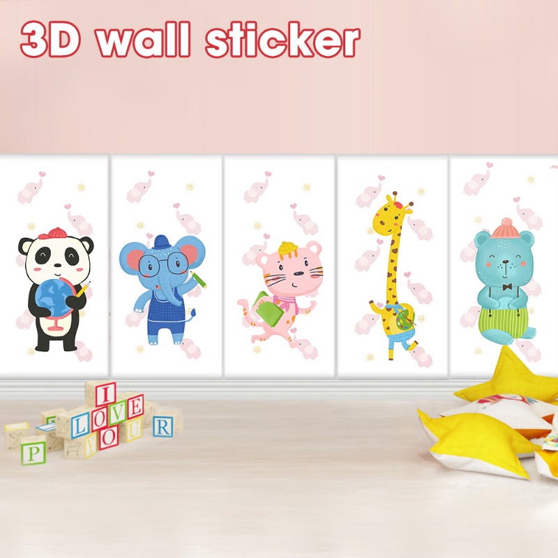 Busa Lembut Anti-Tabrakan Stiker Dinding 3D Kartun Hewan Wallpaper Tahan Air Panas Insulated Wall Paper Cuttable Self-adhesive Wallsticker Untuk Kamar Anak Tk Ruang Bermain