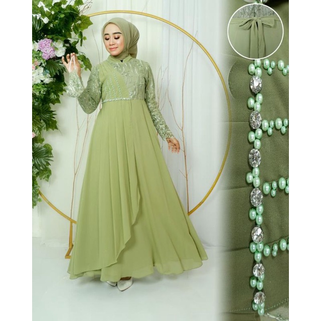 Realpict gamis pesta sage gren//gamis tulle//gamiis pesta modern