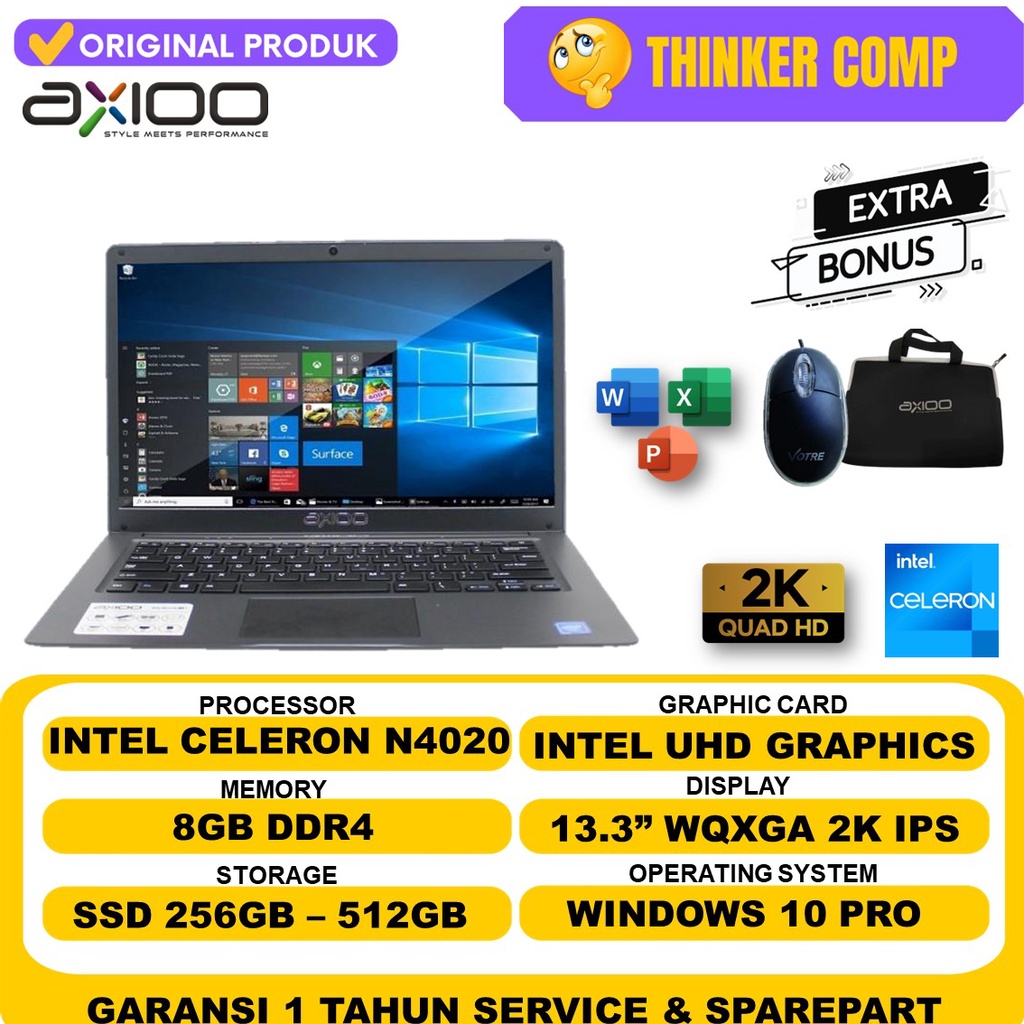 LAPTOP SEKOLAH BARU AXIOO MYBOOK 14F N4020 RAM 8GB 256GB SSD WQXGA IPS WIN10PRO