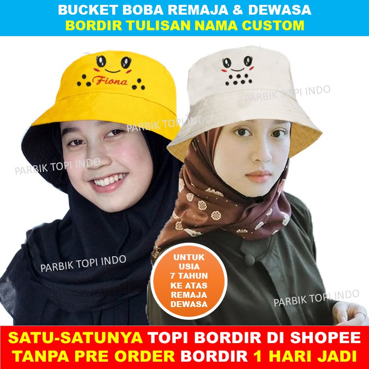 Topi Bucket Dewasa Boba Custom Bordir Nama Usia 7 Tahun ke atas Remaja Hingga Dewasa