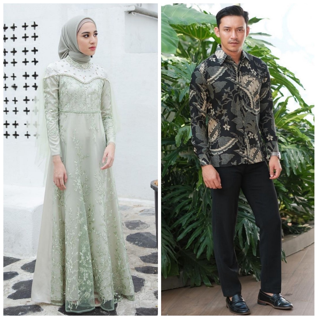 SHOPASHOP SOLO Batik Couple Dress Simple &amp; Elegan Kalista Payet mutiara mix tutu jaring &amp; kemeja batik pria Lengan panjang