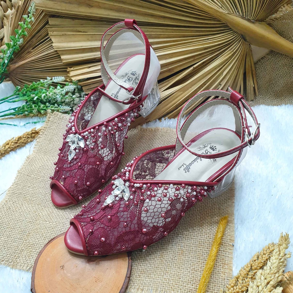 sepatu wedding pesta cantik Rania merah maroon hak 5cm kaca