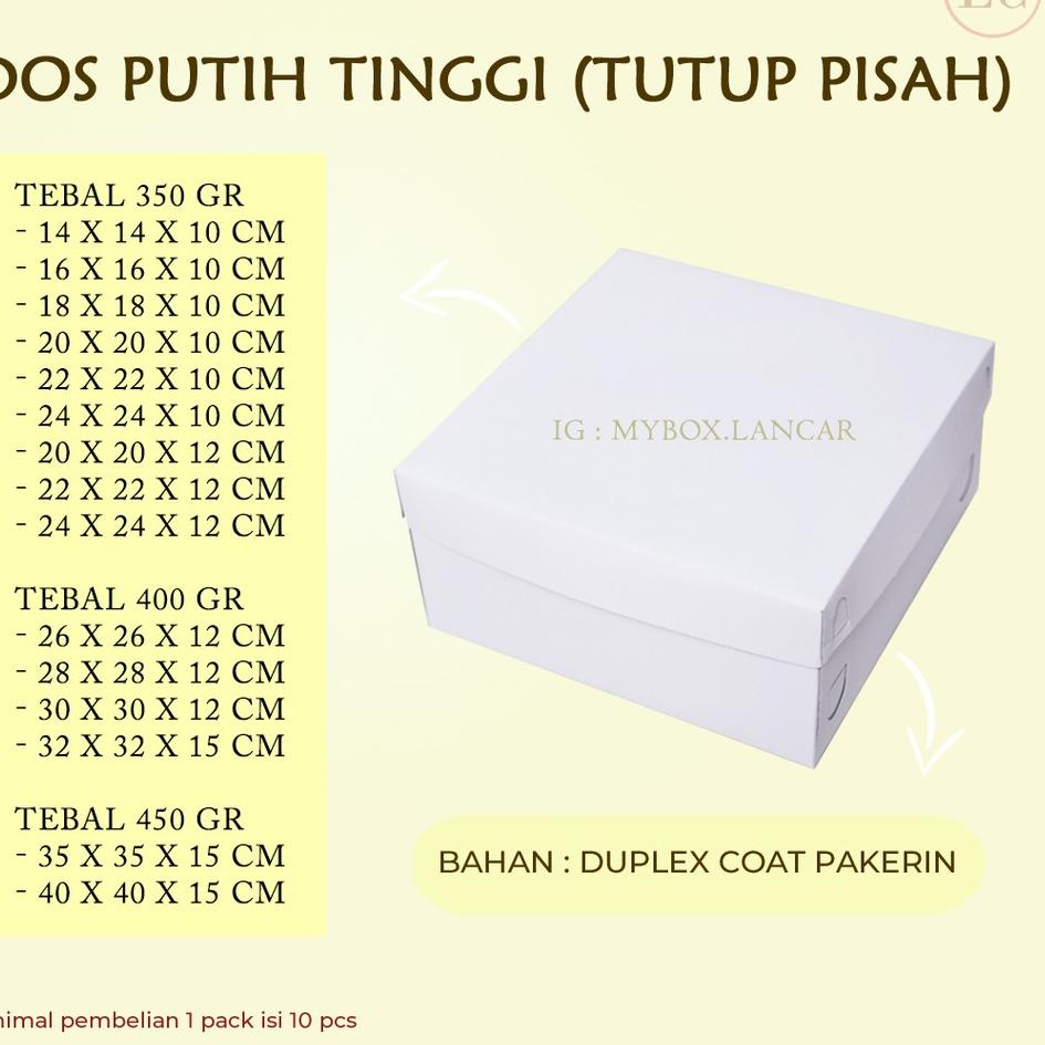 

Serba Ada (10 LEMBAR) BOX TART PUTIH 20 X 20 X 12 CM, DUS TART PUTIH TUTUP PISAH , KEMASAN TAR KUE
