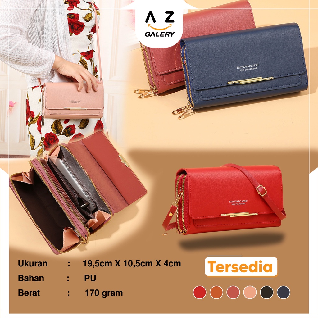 Dompet Panjang Wanita Zipper Multifungsi Tas Selempang Hp Fashion Korea Style Kasual Cewek PU Azgalery D66