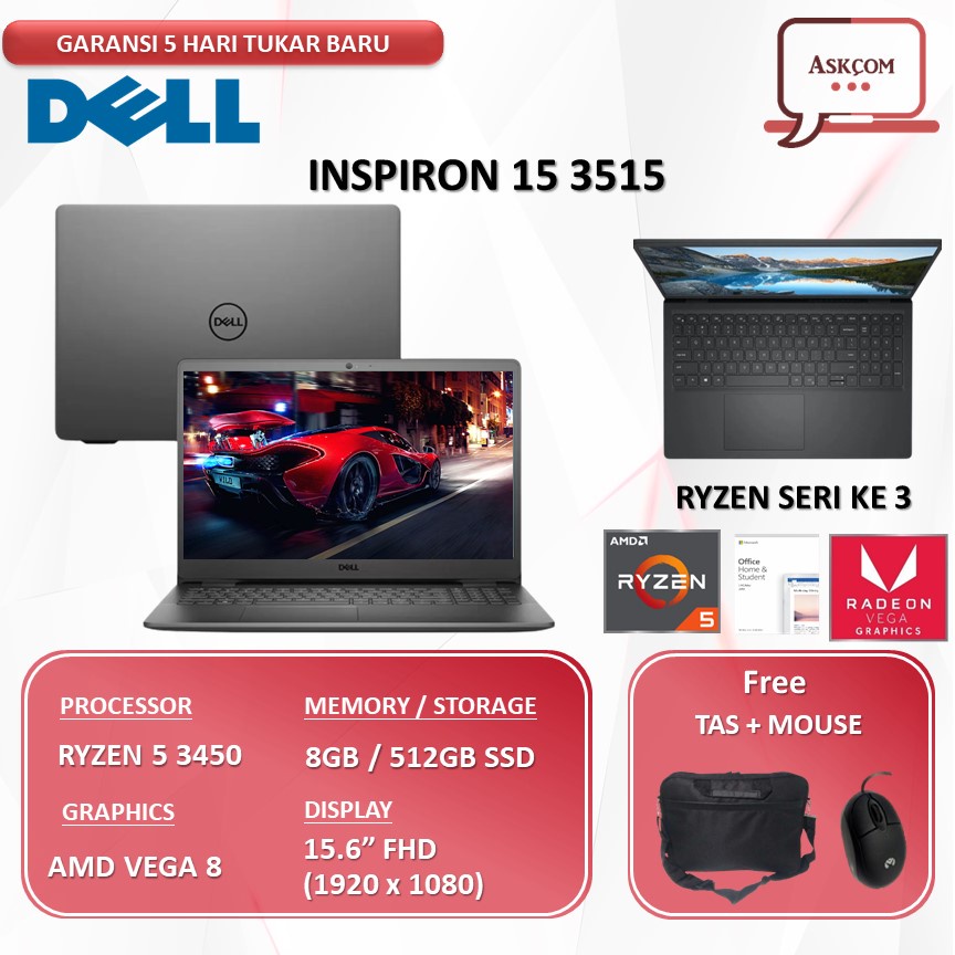 Laptop Dell Inspiron 15 3515 RYZEN 5 3450 RAM 8GB 256GB SSD VEGA 8 OHS 15.6FHD W11