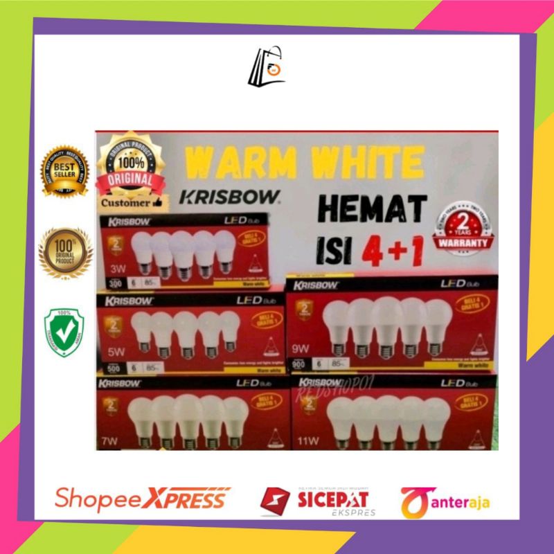 Lampu Bohlam LED Krisbow 3/5/7/9/11 Watt Putih/Kuning/Lampu Bohlam Bulb/Set