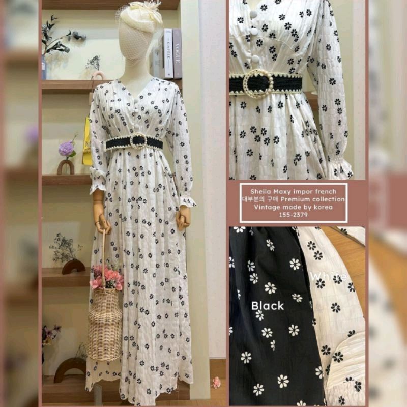 NEW BEST SELLER SHEILA MAXY YUNA GAMIS IMPORT MOTIF BUNGA BLACK WHITE BAHAN PREMIUM SHEILA SHELA MAX