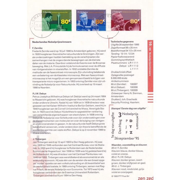 

A337 Prangko Info Page Belanda 1995 Dutch Nobel Prize Winners 1 Pcs