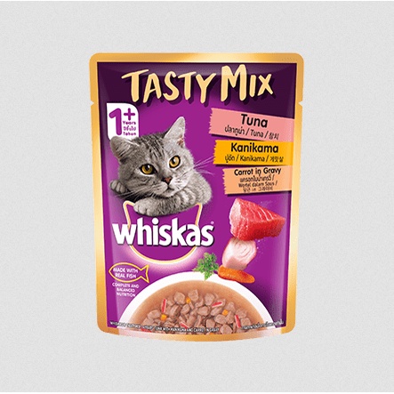 Makanan Kucing Whiskas Tasty Mix rasa Tuna + Kanikama + Carrot  fot Adult 70gr