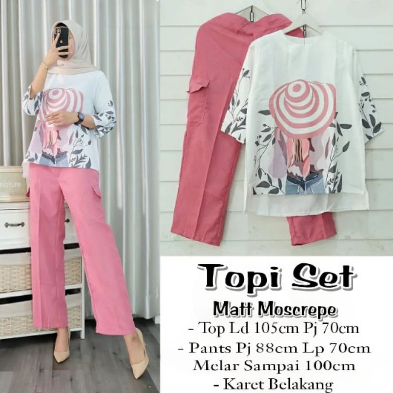 BARU COD' Topi Set 2in1 Bahan Moscrepe Aplikasi Sublim Setelan Wanita Dewasa Terbaru Celana Panjang 