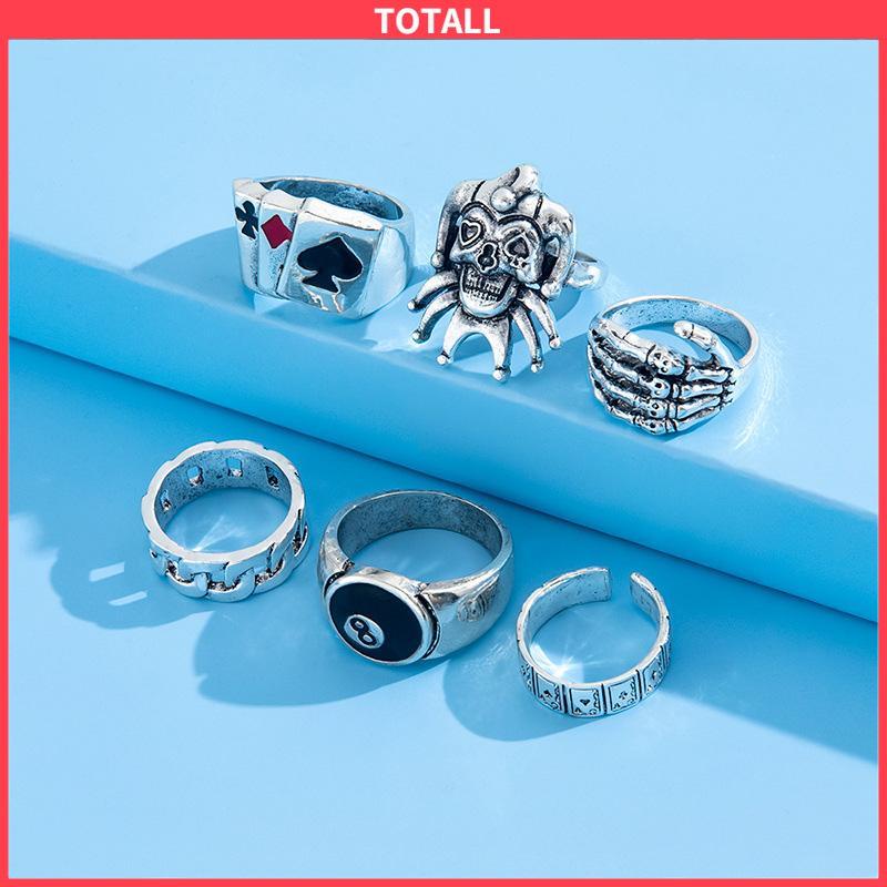 COD 6PCS/Set Cincin Unisex  Punk Membesar-besarkan  Badut Poker Cakar Hantu Tengkorak  Perhiasan Bulat Nomor 8-Totall