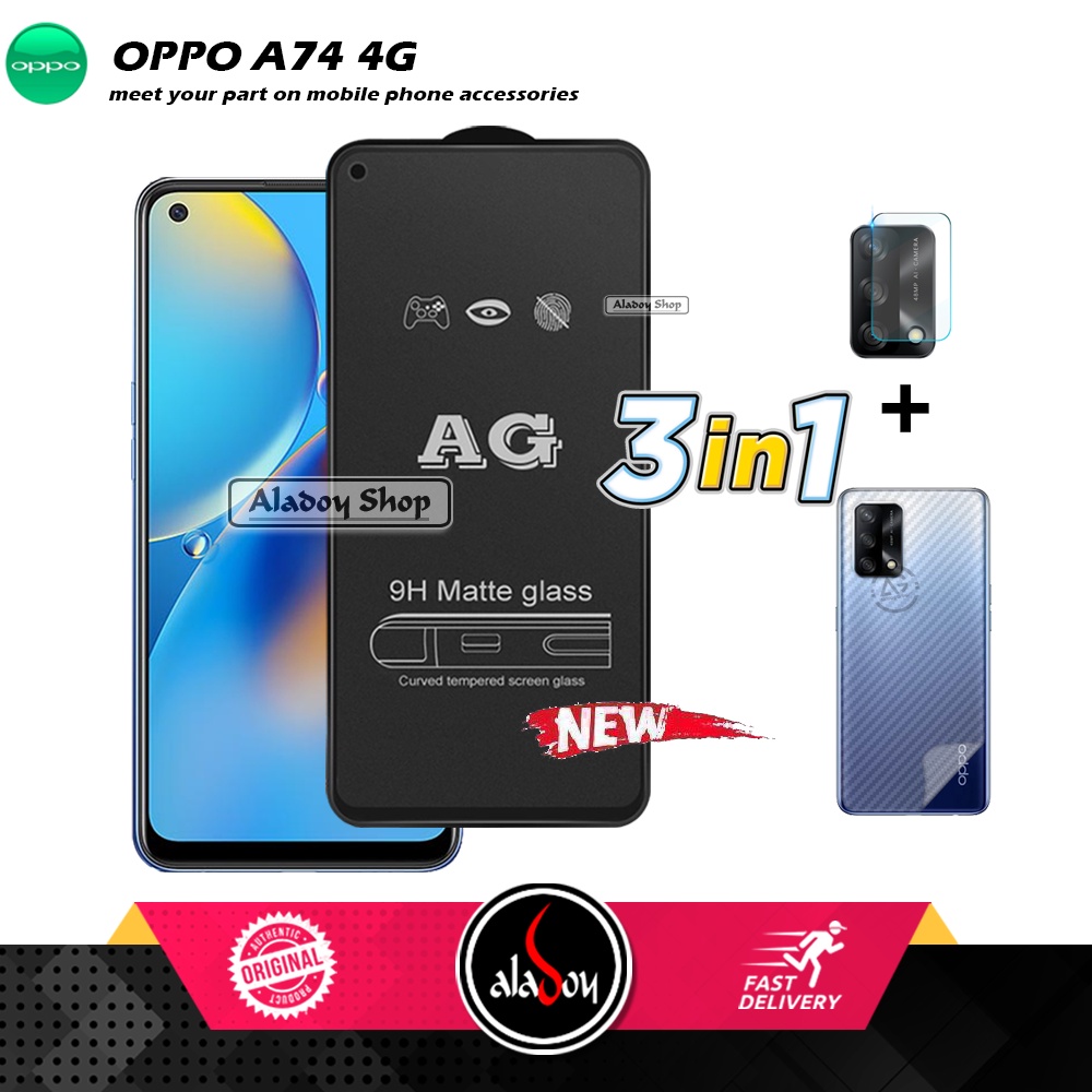 Paket 3IN1 Tempered Glass Layar Matte Anti Glare Oppo A74 4G Free Tempered Glass Camera dan Skin Carbon