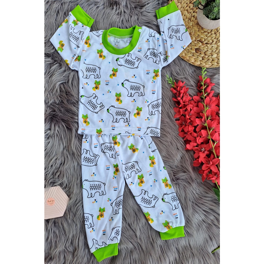 stelan baju bayi laki laki perempuan lucu murah motif BEAR AND FOX 3-18 bulan