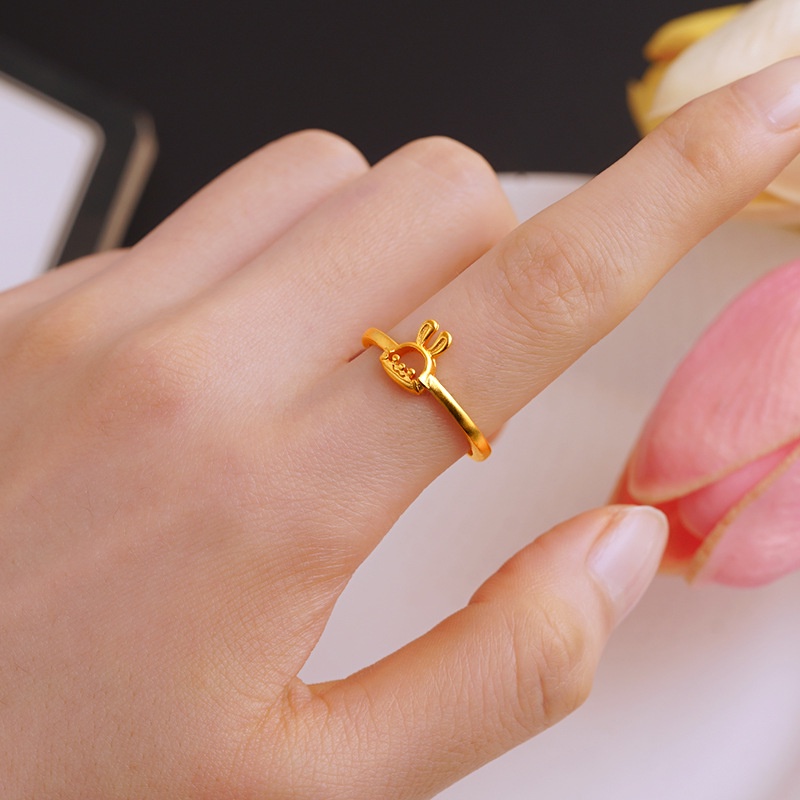 Goldkingdom Perhiasan Fashion Emas Asli Kadar 375 Bangkok Aksesoris Ready Stock Wanita Lapis Emas Halus Simple Series Adjustable Ring Cincin Love Cute Bunny