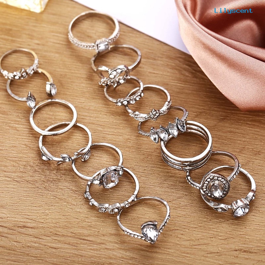 [LS]15Pcs /Set Cincin Jari Individualitas Kreatif Alloy Pola Berbeda Cincin Berlian Imitasi Untuk Kehidupan Sehari-Hari